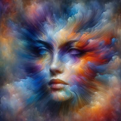 The primary subject of the image is a woman's face, which is the main focus of the image. The setting is a colorful, abstract background that adds a vibrant and artistic touch to the scene. The visual style is a combination of digital art and illustration, creating a unique and eye-catching representation of the woman's face. The colors and mood of the image are predominantly bright and lively, with a mix of warm and cool tones that evoke a sense of energy and creativity